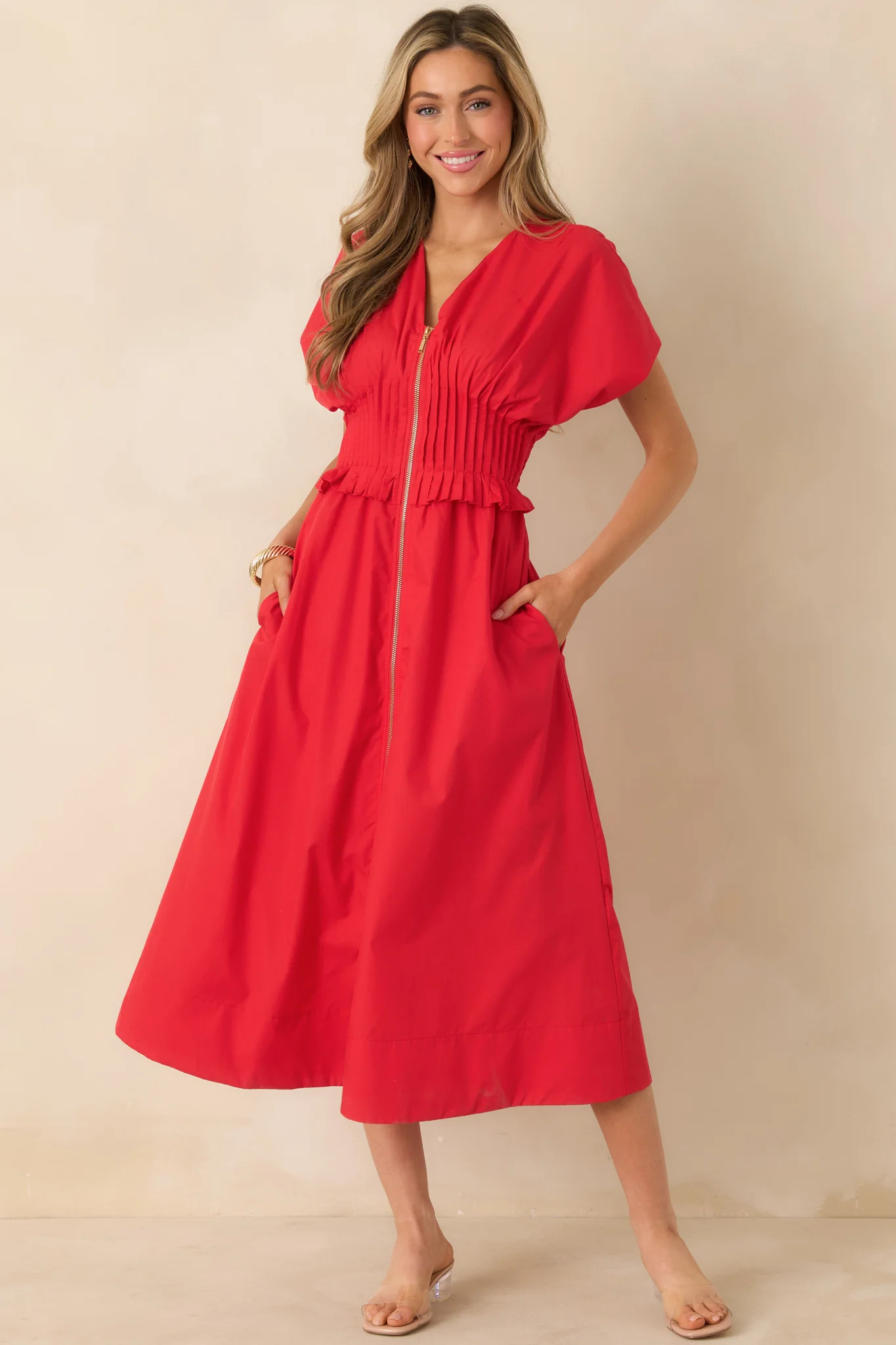 Let It Be Easy Cherry Red Smocked Waist Zip Maxi Dress | Red Dress