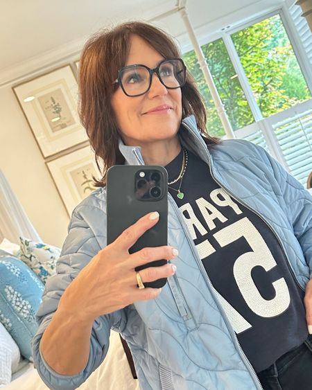 This Varley Danea quilted jacket is so cute and has already sold out at multiple places! I found it at Matches Fashion and you’re going to want to get it ASAP - I take an XS for reference. I also love this Cinq à Sept rhinestone graphic tee :) glasses are Chanel 

#LTKstyletip #LTKover40 #LTKSeasonal