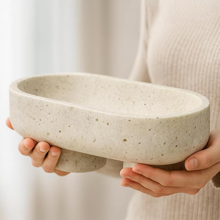 Natural Oval Travertine Decorative Bowl,Marble Friut Bowl with 2 Legs,Vanity Decorative Tray, Kit... | Amazon (US)