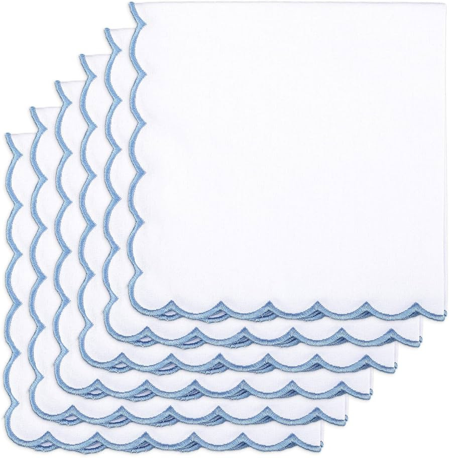 6 Pack Blue and White Scalloped Embroidery Cloth Napkins 18 x 18 Inch Pure Cotton Square Napkins ... | Amazon (US)