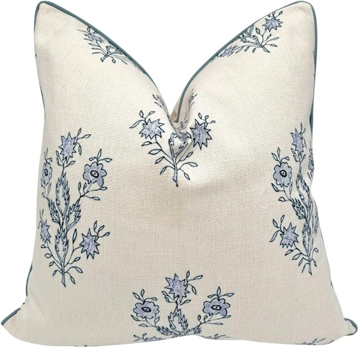 "The Mary Block Print Floral Decorative Pillow Cover – Double-Sided Blue & White Periwinkle Acc... | Amazon (US)