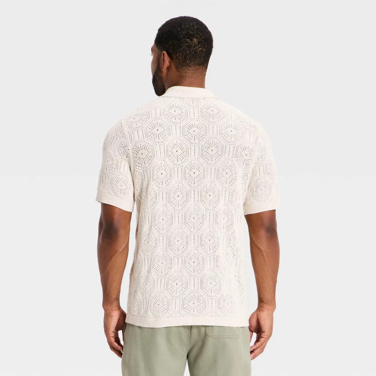 Men's Short Sleeve Open Work Crochet Polo Sweater - Goodfellow & Co\u2122 Oatmeal M | Target