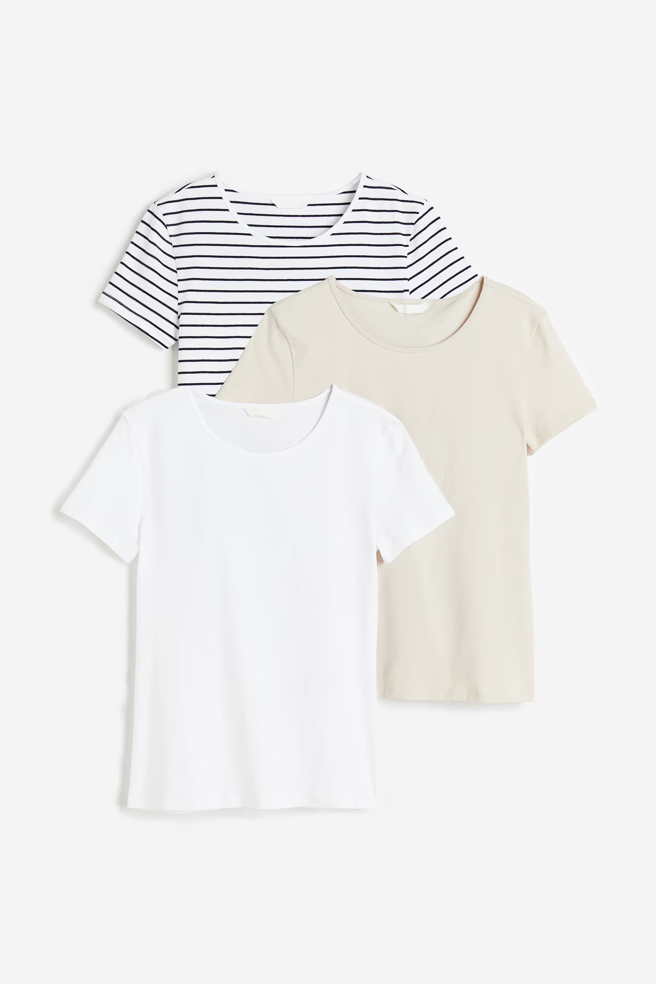 3er-Pack T-Shirts - Rundausschnitt - Kurzarm - Hellbeige/Weiß/Gestreift - Ladies | H&M AT | H&M (DE, AT, CH, NL, FI)