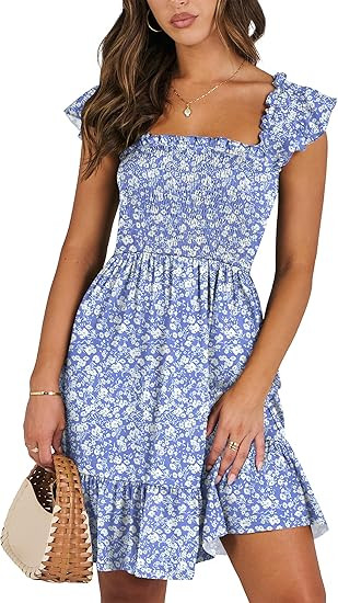 ANRABESS Women's Summer Casual Sleeveless Square Neck Dress 2026 Smocked Ruffle Backless Boho Bea... | Amazon (US)