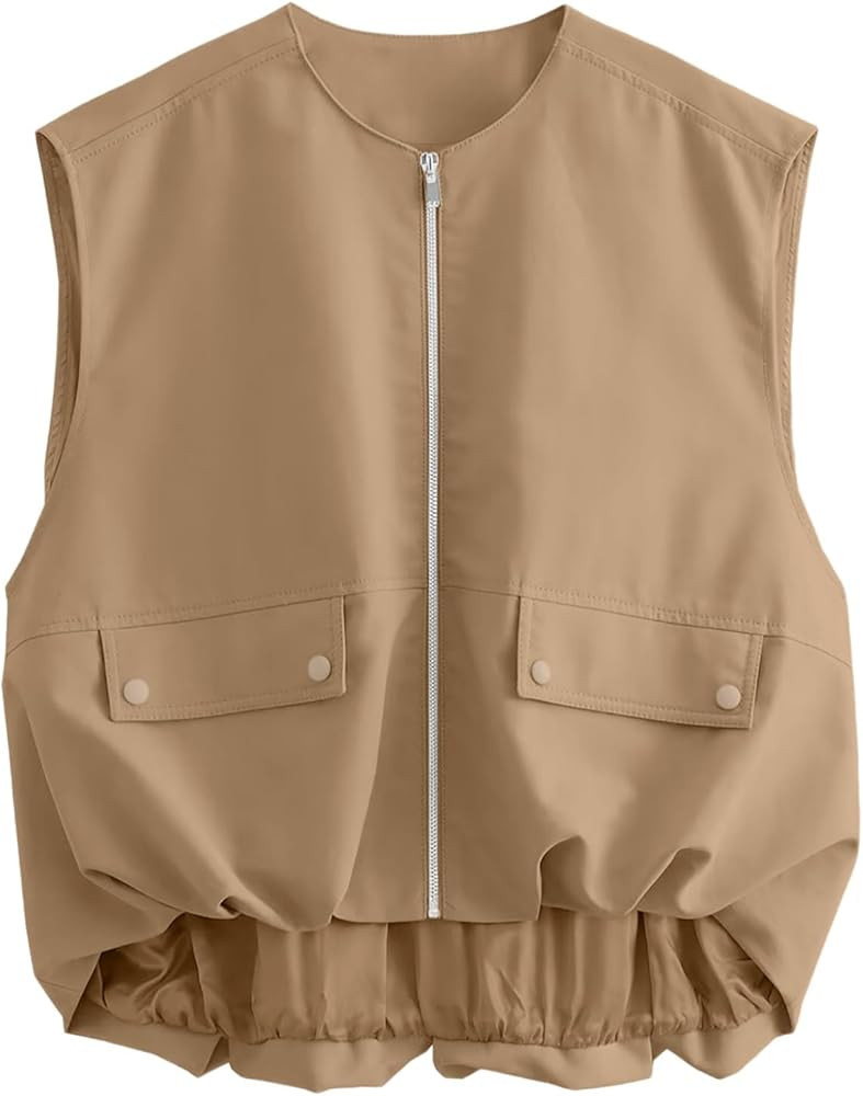 Übergroße Cargo-Weste für Damen, Lässig, ärmellos, Lockere Passform, Durchgehender Reißvers... | Amazon (DE)