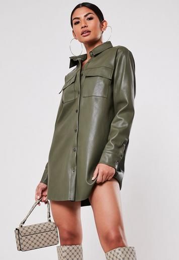 Missguided - Khaki Faux Leather Oversized Shirt Dress | Missguided (US & CA)