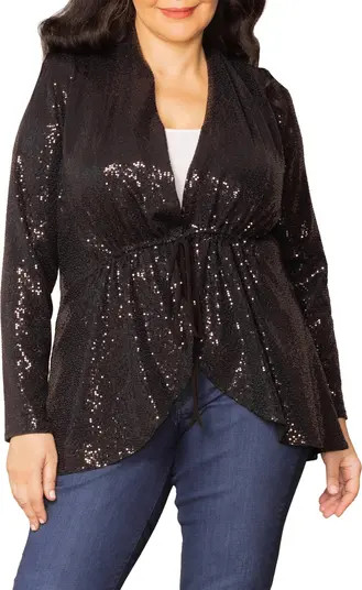 Kiyonna Glitz & Glam Sequin Tie Waist Jersey Jacket | Nordstrom | Nordstrom