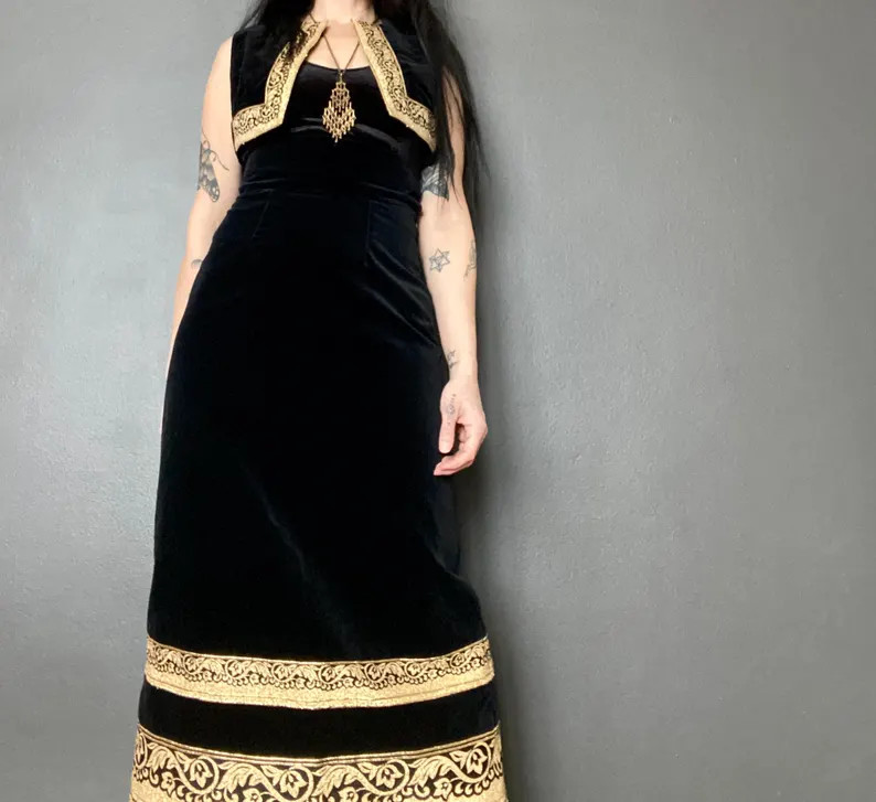 1970s black velvet skirt & matching vest with gold ribbon // Size XS-S | Etsy (US)