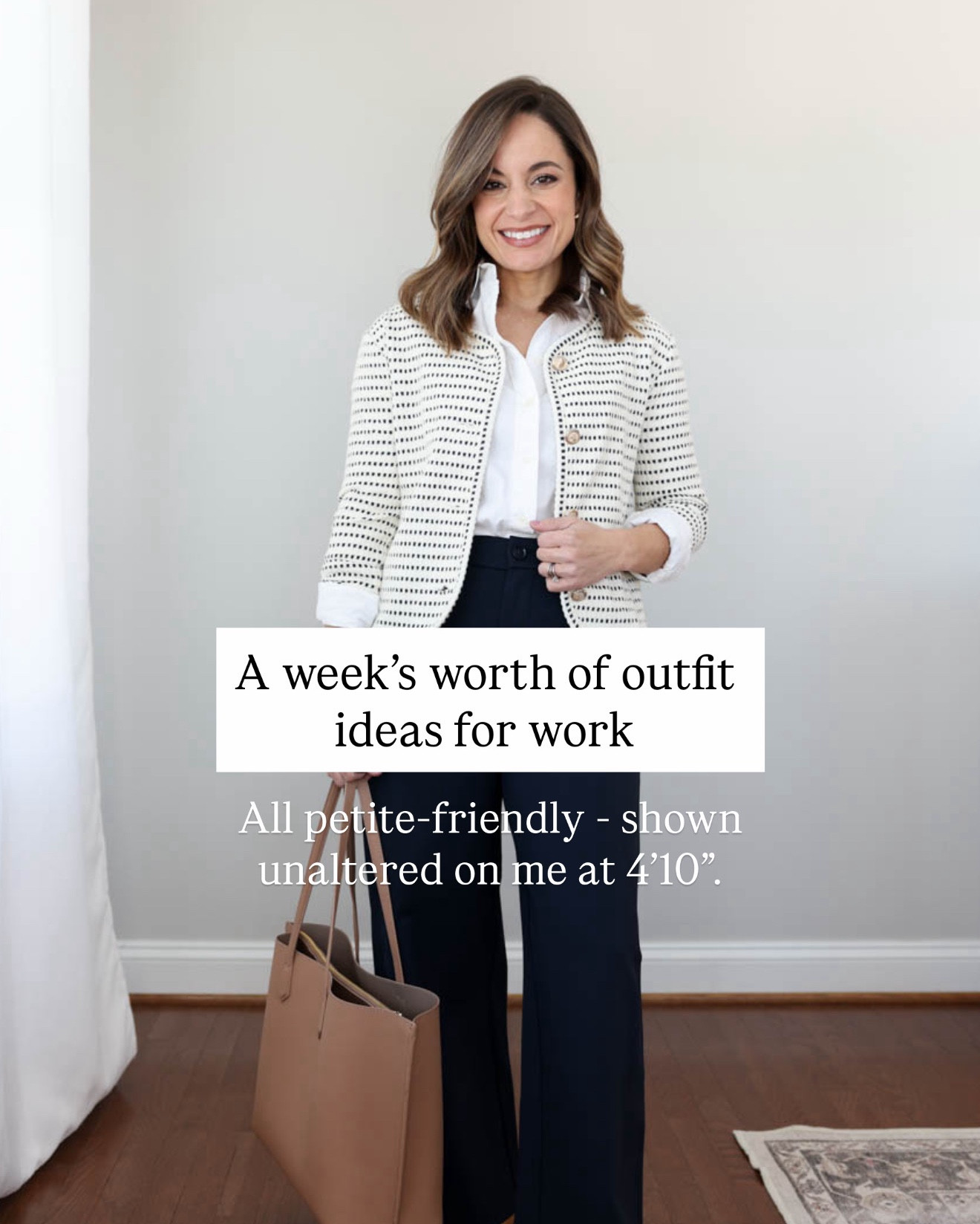 A week’s worth of petite-friendly outfit ideas for work! 

Monday 
Pants (BR Factory): petite 00/xxs - tts, 10” rise, 27.5” inseam 
Jacket (Ann Taylor): petite xxs
White top (J.Crew Factory): petite xxs 
Shoes (Sam Edelman): tts in French sand
Tote (Quince) 

Tuesday 
Pants (BR): xs - size up, 10” rise, 26.5” inseam / I’m wearing standard, not petite
Sweater (J.Crew Factory): xxs 
Blazer (Ann Taylor): petite 00
Shoes (Sam Edelman): tts in Cyprus tan 

Wednesday 
Pants (Ann Taylor): petite 00 
Top (Ann Taylor): petite xxs 
Belt (Quince) 
Shoes (Sam Edelman): tts 

Thursday 
Pants (BR): petite xs - size up, 10” rise, 26.5” inseam 
White top (J.Crew Factory): petite xxs
Blazer (Ann Taylor): petite 00 

Friday 
Dress (Nordstrom): xxs 
Blazer (Ann Taylor): petite 00
Shoes (Sam Edelman): tts cappuccino 

My measurements for reference: I’m 4’10” and 105lbs. My bust, waist, and hip measurement is 32”, 24”, and 36”.

#LTKWorkwear #LTKPetite