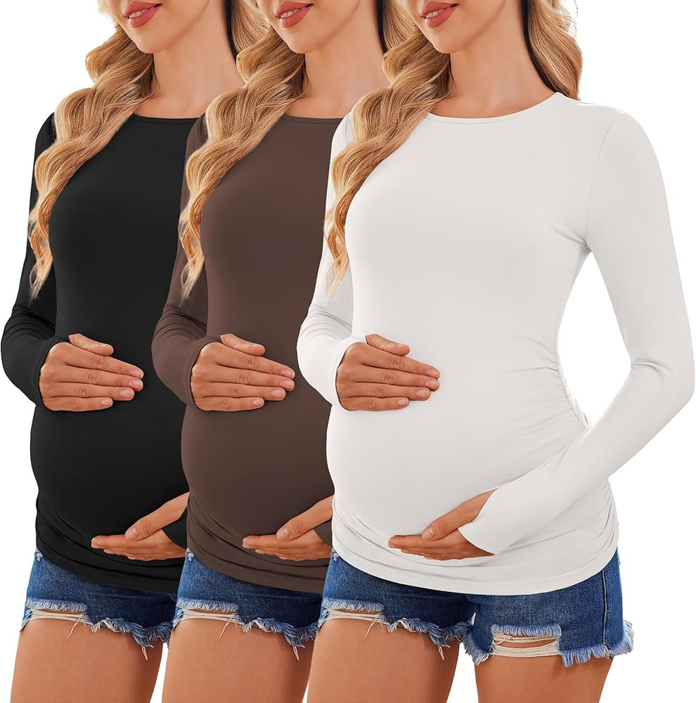 Ekouaer Womens 3 Pack Long Sleeve Maternity Shirts Crew Neck Pregnancy Clothes Side Ruched Workou... | Amazon (US)