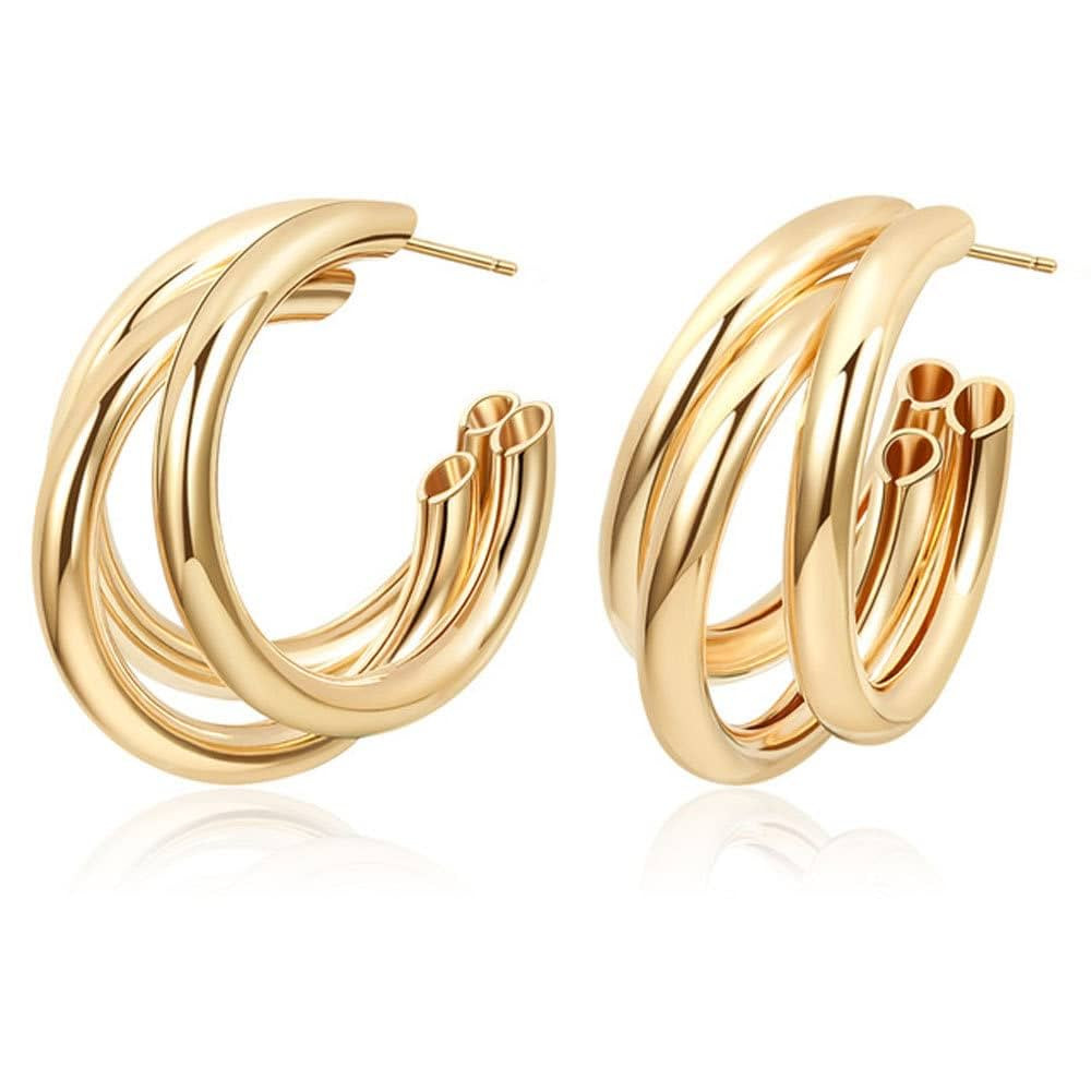 Triple Hoop Earrings Chunky Tube Gold Silver Earrings Minimal Statement Fashion for Women (gold) | Amazon (US)
