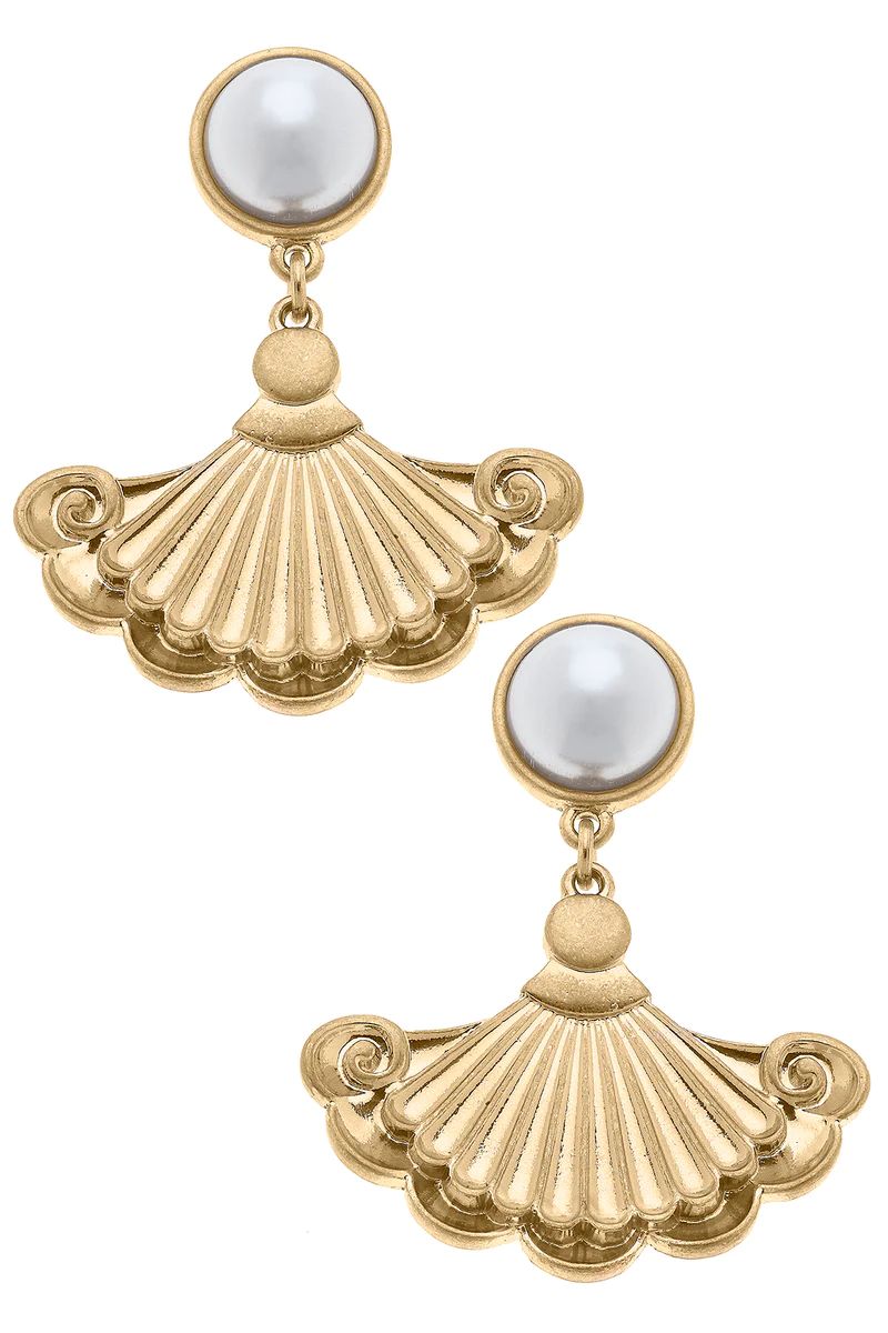 Suz French Fan & Pearl Drop Earrings in Worn Gold | CANVAS