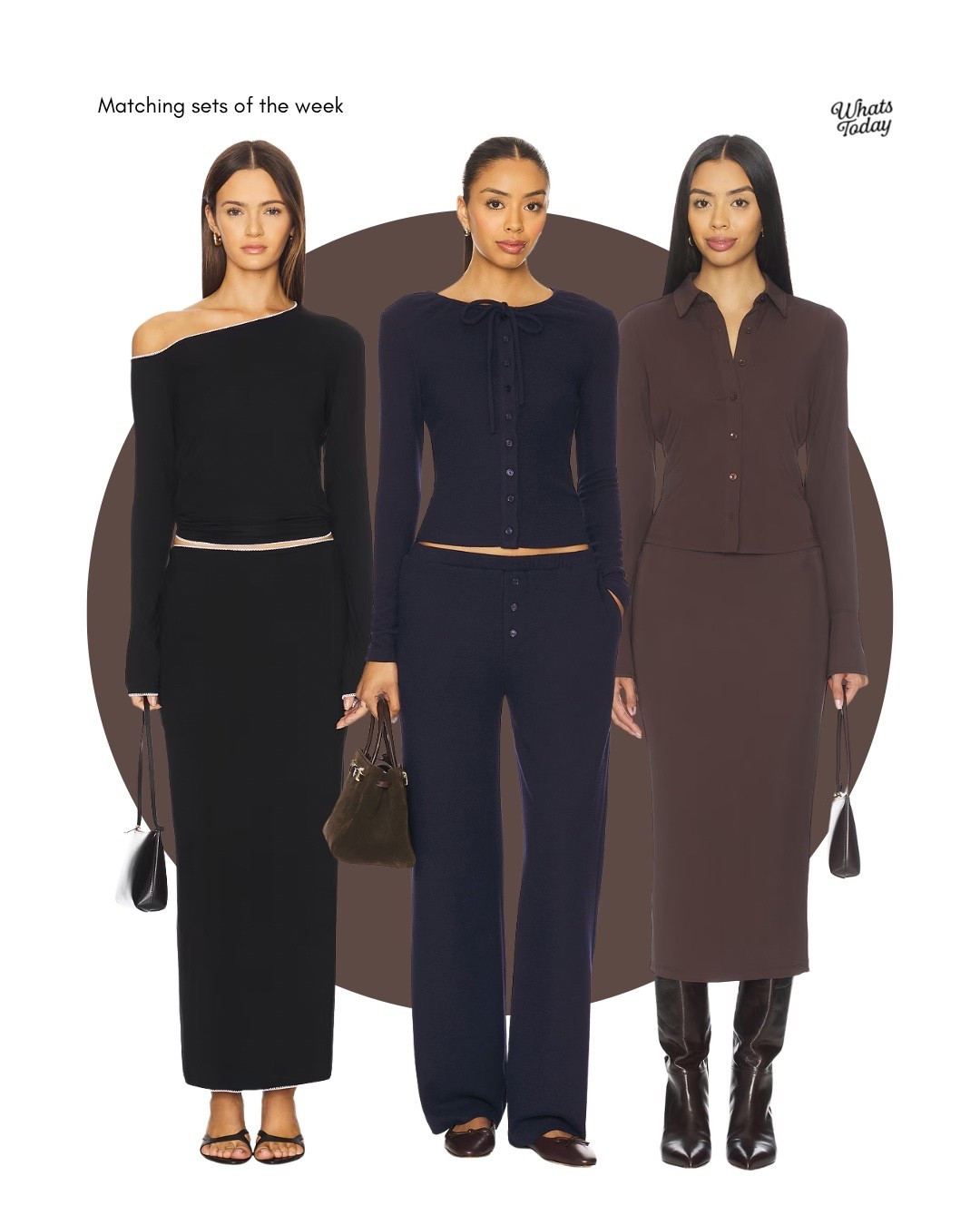 Sleek matching sets in black, navy, and chocolate brown—timeless co-ords for elevated everyday style.

#LTKootd #LTKHoliday #LTKGiftGuide