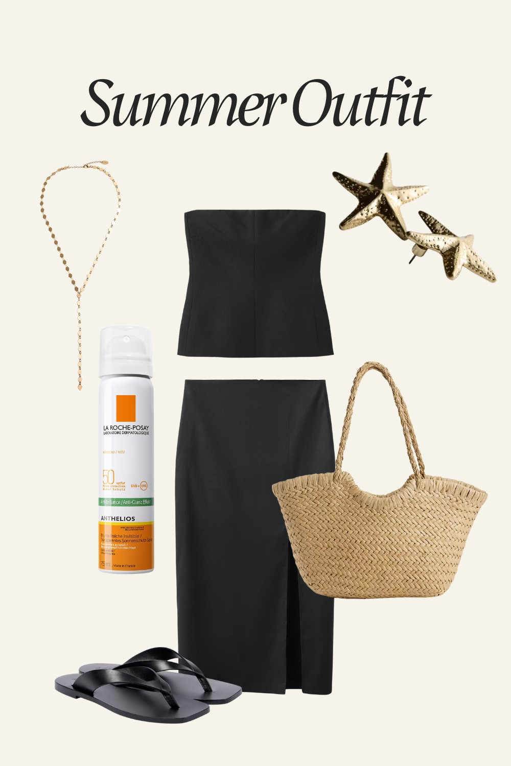 Minimal black summer look that always works. Midi skirt, bandeau top, strappless, suncream, necklace, raffia bag, basket bag, sandals, black sandals, earrings, 

#summeroutfit #LTKEurope #LTKstyletip 

 #LTKootd #LTKTravel