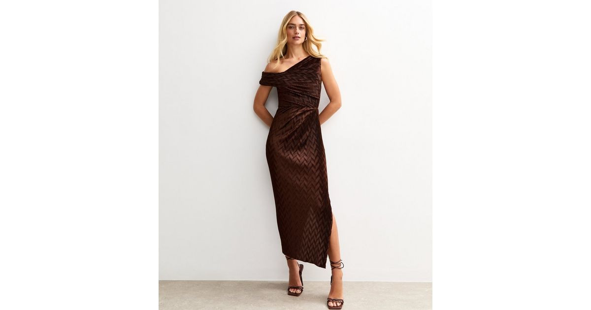 Brown Textured One Shoulder Slit Hem Midi Dress | New Look | New Look (UK)