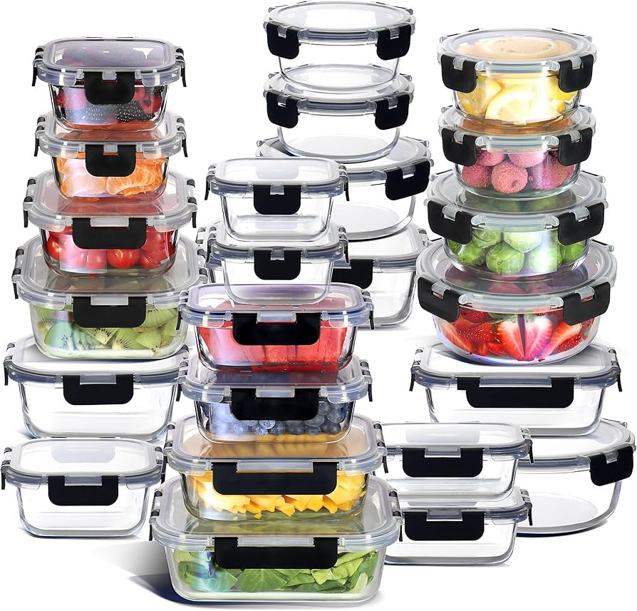 EATEX 48pc Glass Storage Containers with Lids, 24 Set Glass Food Storage Containers with 24 Airti... | Amazon (US)