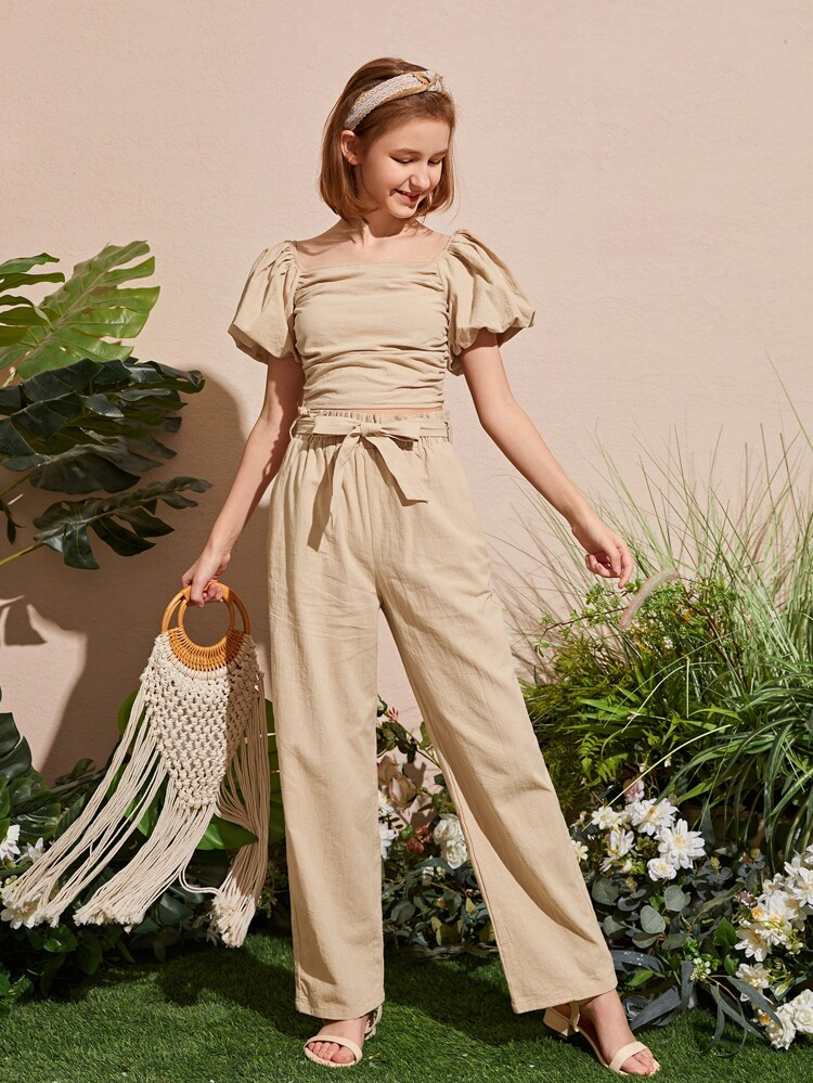 SHEIN Teen Girls Puff Sleeve Top & Paper Bag Waist Pants Set | SHEIN