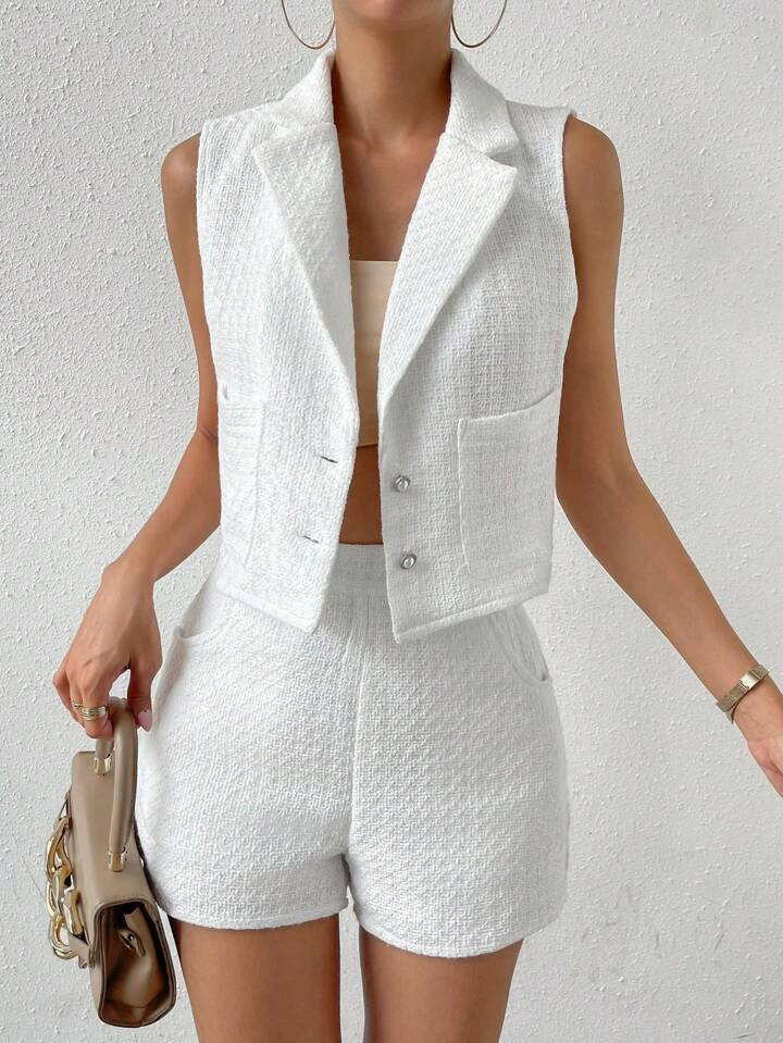 SHEIN LUNE Solid Button Front Vest Blazer & Shorts | SHEIN
