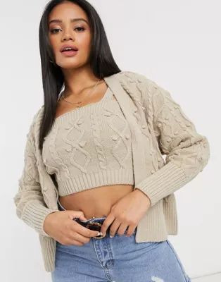 River Island cable knit bralet and cardi set in beige | ASOS (Global)