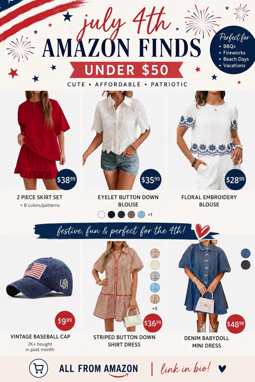 🇺🇸 July 4th Amazon Finds Under $50 ❤️🤍💙
The cutest Amazon finds for your July 4th celebrations! 🇺🇸✨

From patriotic dresses and eyelet tops to a vintage USA cap and trendy denim mini dress, these affordable pieces are perfect for:
❤️ Backyard BBQs
🤍 Fireworks Nights
💙 Beach Days
❤️ Summer Vacations
🤍 Holiday Weekend Outfits

All stylish, budget-friendly, and perfect for creating an effortless Americana-inspired look this season.

#LTKHoliday #LTKStyleTip #LTKSeasonal #AmazonFinds #July4thStyle #SummerFashion #PatrioticOutfit #AmazonFashion #LTKUnder50 #VacationStyle

#LTKSeasonal #LTKOver40 #LTKMidsize