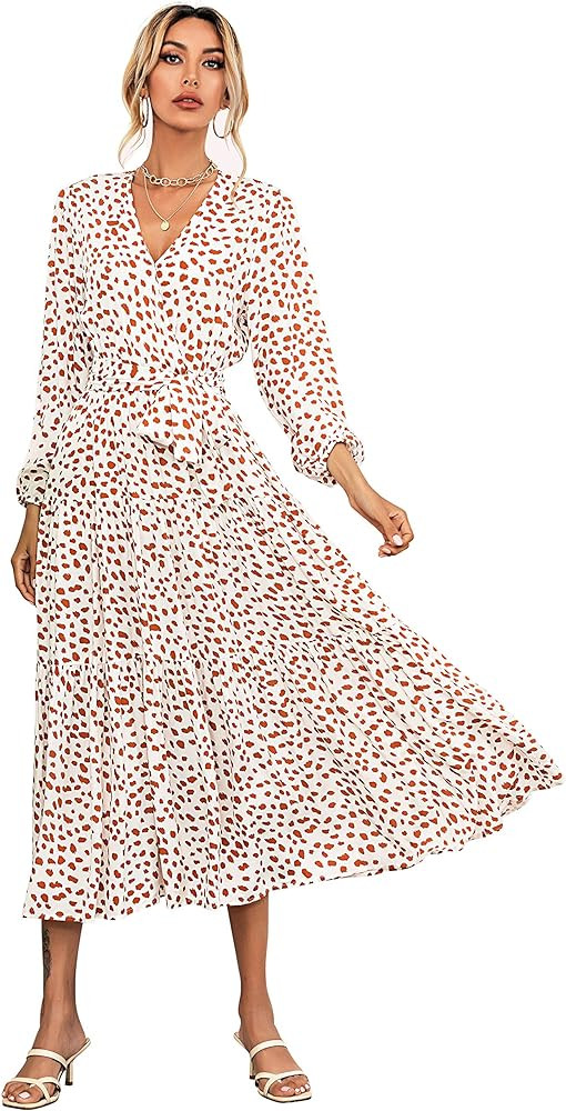 R.Vivimos Women's Fall Cotton Long Sleeves Irregular Polka Dot V Neck Casual Flowy Midi Dress | Amazon (US)