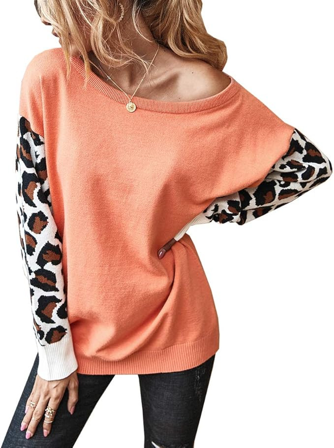 PRETTYGARDEN Women’s Casual Long Sleeve Off Shoulder Knitted Sweater Leopard Print Color Block ... | Amazon (US)