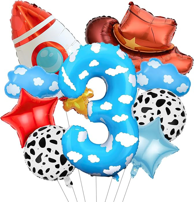 Toy Themed Decorations, 9pcs Cow Print Sky Blue Cloud Balloons with Rocket Balloon and Cowboy Hat... | Amazon (US)