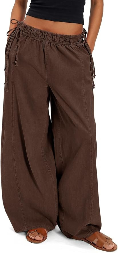 Fisoew Womens Wide Leg Pants Casual Low Rise Loose Drawstring Elastic Waisted Cotton Fall Pants | Amazon (US)