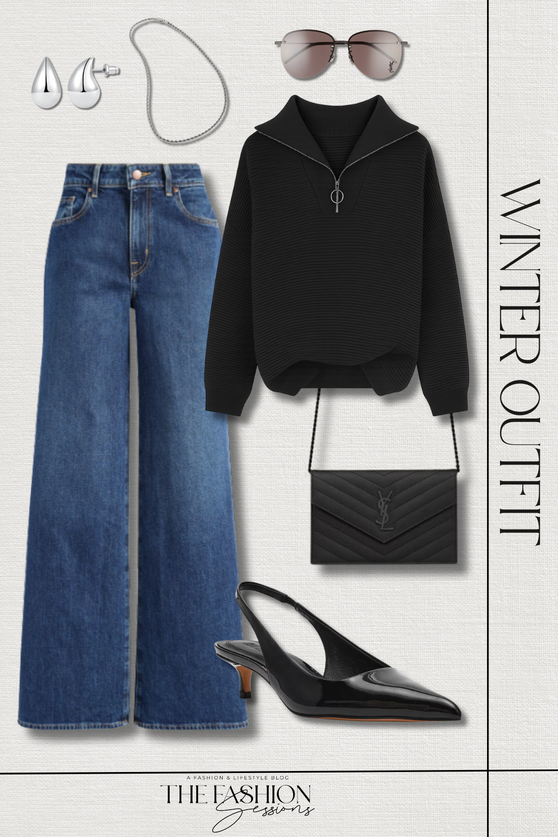 Pairing an ultra-casual sweater with elevated details like accessories, heels, and nicer jeans makes such a great casual-chic look!
quarter zip oversized cozy pullover sweater | high rise wide leg jeans | kitten pump heels | silver drop earrings | silver chain necklace | saint laurent sunglasses | saint laurent envelope wallet | winter outfit | sweater outfit ideas | outfit of the day | elevated casual 

 #LTKootd #LTKOver40