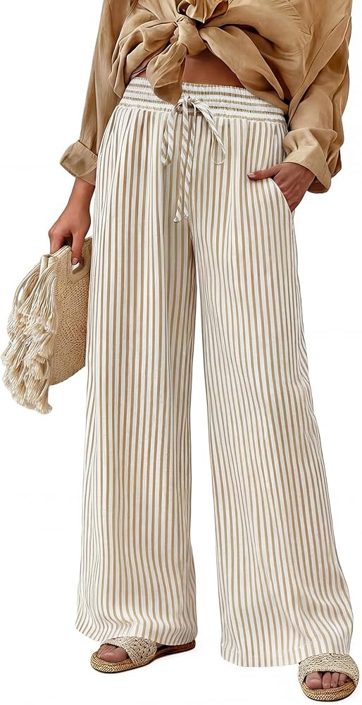 Womens Striped Wide Leg Palazzo Pants High Waisted Elastic Drawstring Casual Lounge Trousers with... | Amazon (US)