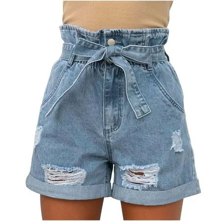 Womens High Waisted Paper Bag Denim Shorts Bowknot Belted Elastic Waist Casual Summer Destroyed Fold | Walmart (US)