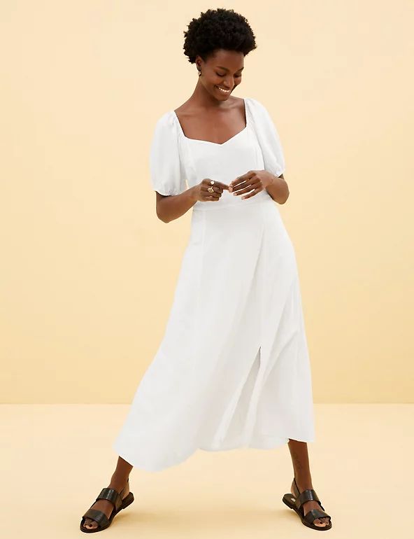 Linen Blend Sweetheart Neckline Midi Dress | Marks & Spencer (UK)