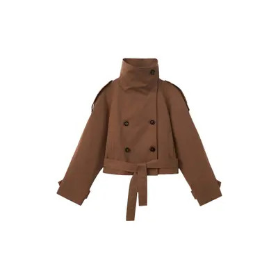 MANGO Double Breasted Crop Cotton Blend Trench Coat in Brown at Nordstrom, Size X-Small | Nordstrom