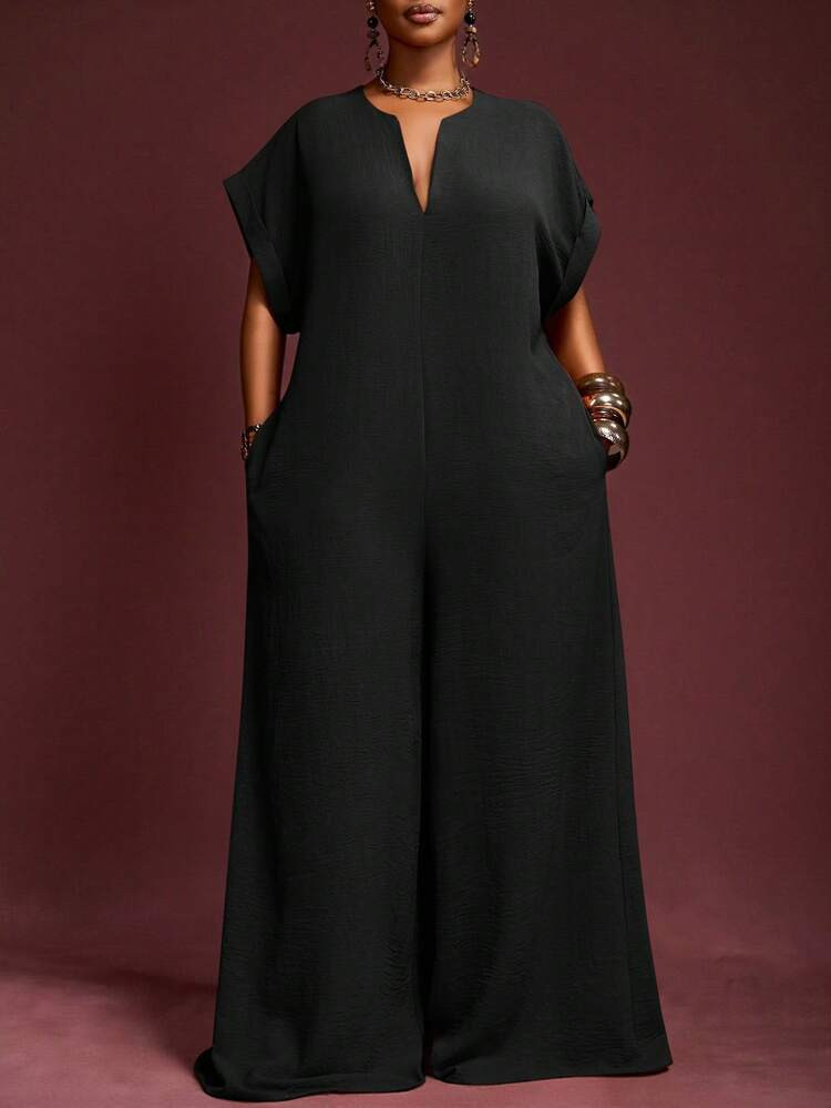 Veslaya 2025 New Vintage Elegant Chocolate V-Neck Short Sleeve Wide Leg Jumpsuit, Plus Size Women... | SHEIN