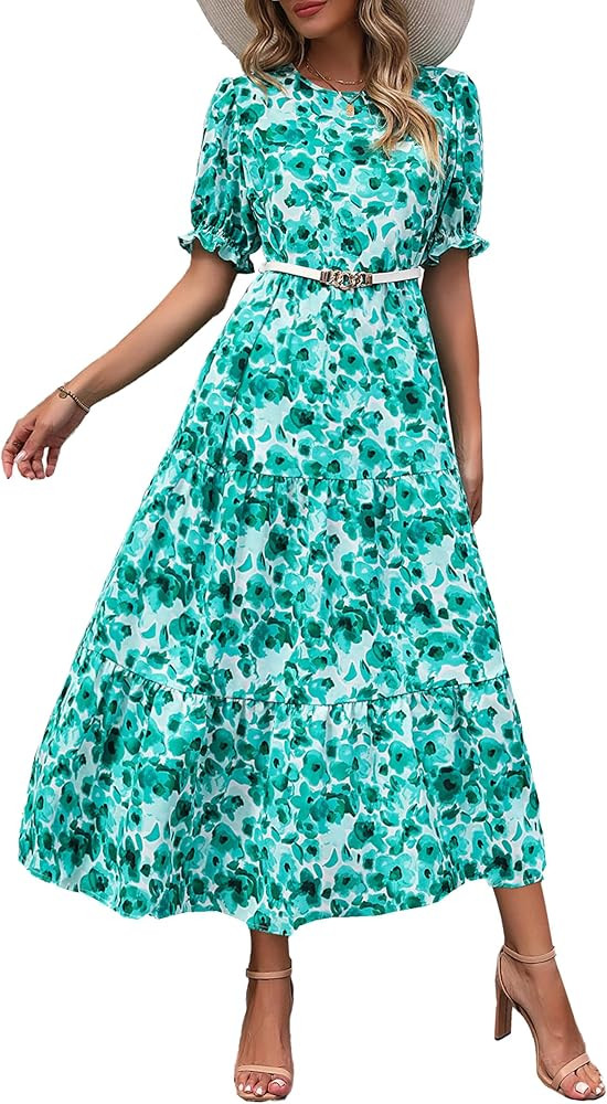 PRETTYGARDEN Women's Summer Casual Boho Dress Floral Print Ruffle Puff Sleeve High Waist Midi Bea... | Amazon (US)