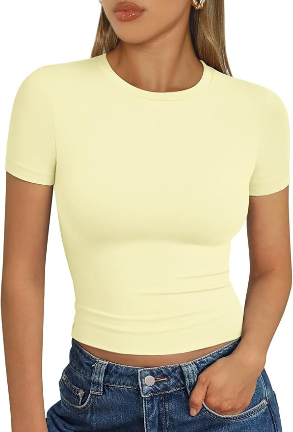 Trendy Queen Womens Short Sleeve T Shirts - Buttery Soft Summer Crop Tops Slim Fit Y2k Basic Tees... | Amazon (US)