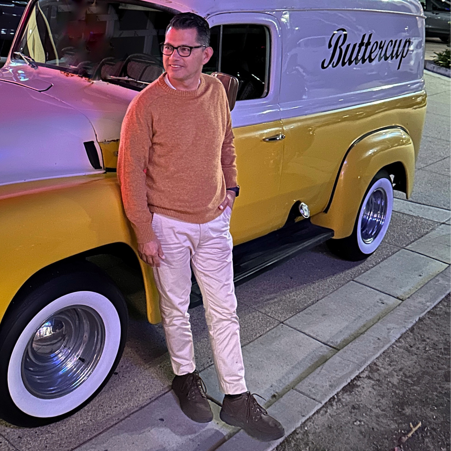 Slim Fit Chinos paired with regular-fit wool blend sweater from H&M.  Add brown Chukka boots along side a 1956 International Harvester Panel Truck and you are set. 

#LTKFind #LTKworkwear #LTKmens