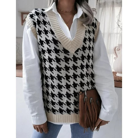 SEARIPE Women Houndstooth Print Knit Vest V-Neck Sleeveless Casual Loose Plaid Knit Sweater Jumpers Apricot S | Walmart (US)