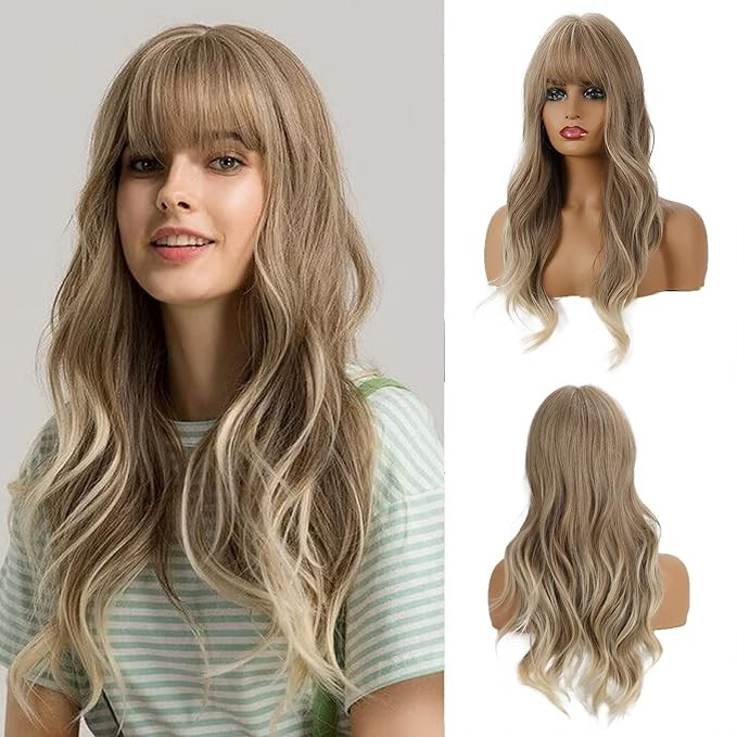 OUFEI 24 Inches Ash Blonde Wigs With Bangs for Women Natural Synthetic Wavy Wigs Heat Resistant H... | Amazon (US)
