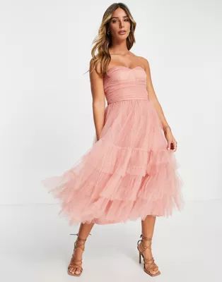Lace & Beads Bridesmaid ruched tiered midaxi dress in blush | ASOS (Global)