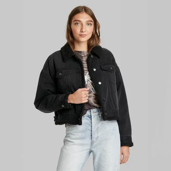 Women's Cropped Sherpa Lined Denim Jacket - Wild Fable™ | Target