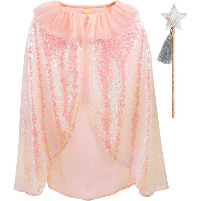 Meri Meri | Iridescent Sequin Cape & Wand (Pink Silver, One Size), Halloween Costume | Maisonette | Maisonette