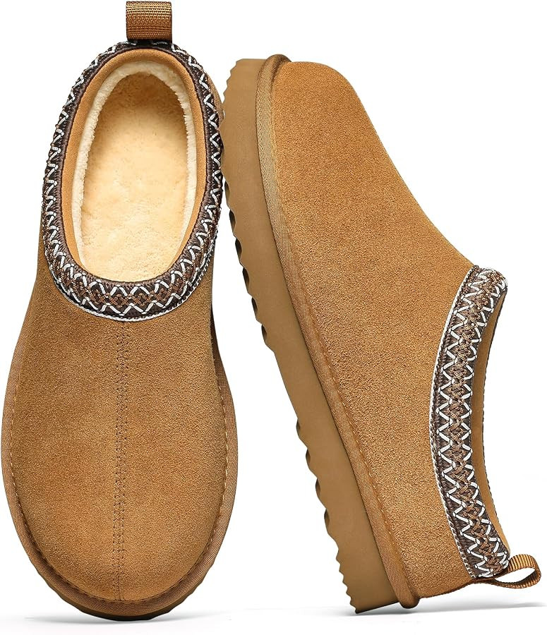 Genuine Suede Fuzzy Slippers for Women Winter Warm House Shoes Cozy Mini Boots for Indoor Outdoor | Amazon (US)