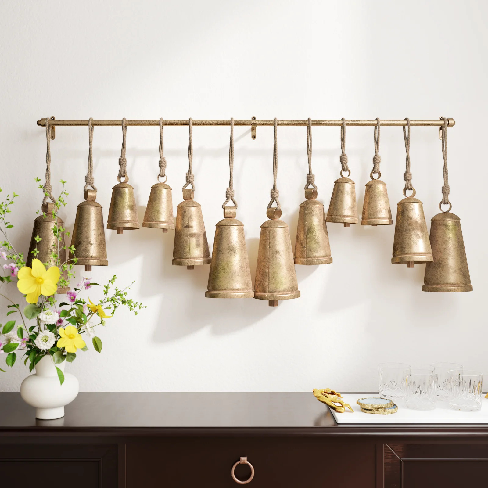 Kristen Bronze Metal Tibetan Inspired Indoor Outdoor Decorative Cow Bells with 12 Bells on Jute Hanging Ropes and Rod | Wayfair North America