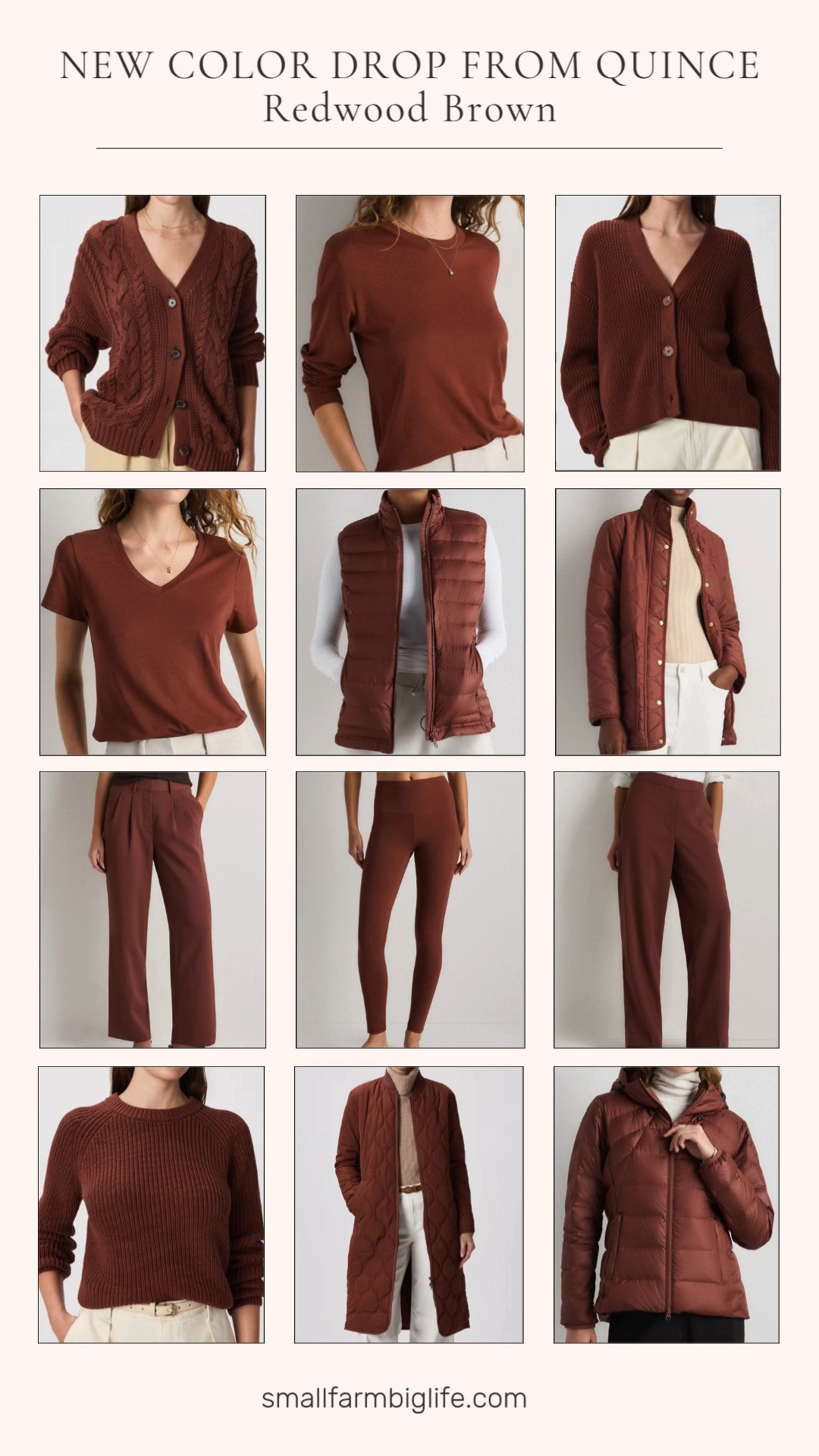 Quince just dropped the dreamiest Redwood Brown and I’m obsessed 🤎 From cozy cardigans and crewneck sweaters to everyday long sleeve tees, v-neck tees, pants, dress pants, yoga pants, plus a chic vest, long jacket, and puffer coat, every piece layers beautifully. A rich neutral you’ll wear on repeat all season. 

 #LTKActive #LTKOver40 #LTKFindsUnder100
