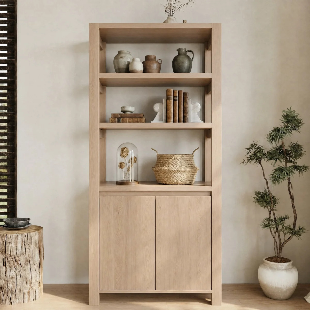 Tall Bookcase with 3 Open Shelves and 2-Door Storage Cabinet, Natural Wood Finish | Wayfair North America
