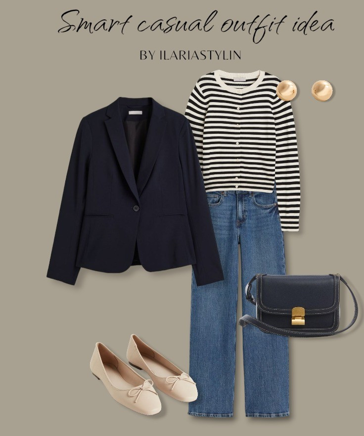 SMART CASUAL OUTFIT IDEA 🖤 fashion inspo, spring outfit, spring fashion, spring style, outfit idea, outfit inspo, smart casual ootd, smart casual outfit, navy blue blazer, striped cardigan, blue jeans, straight jeans, ballet flats, ballet shoes, beige flats, navy blue bag, crossbody bag, shoulder bag, h&m, mango, style inspo, women fashion

#LTKSeasonal #LTKstyletip #LTKworkwear