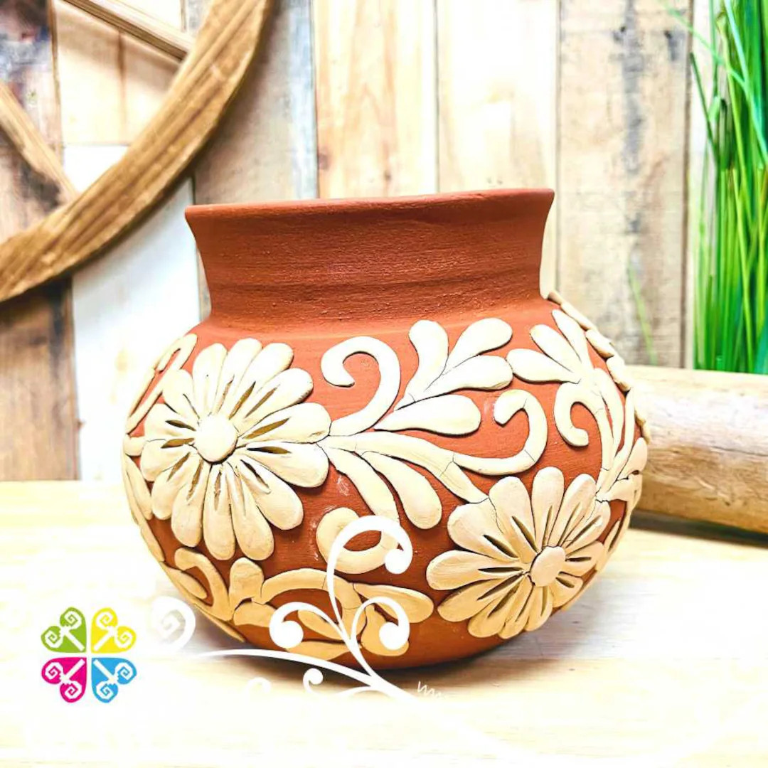Small Margarita Flower Decorated Clay Ollita - Barro Bordado Oaxaca - Authentic Oaxacan Clay - Me... | Etsy (US)