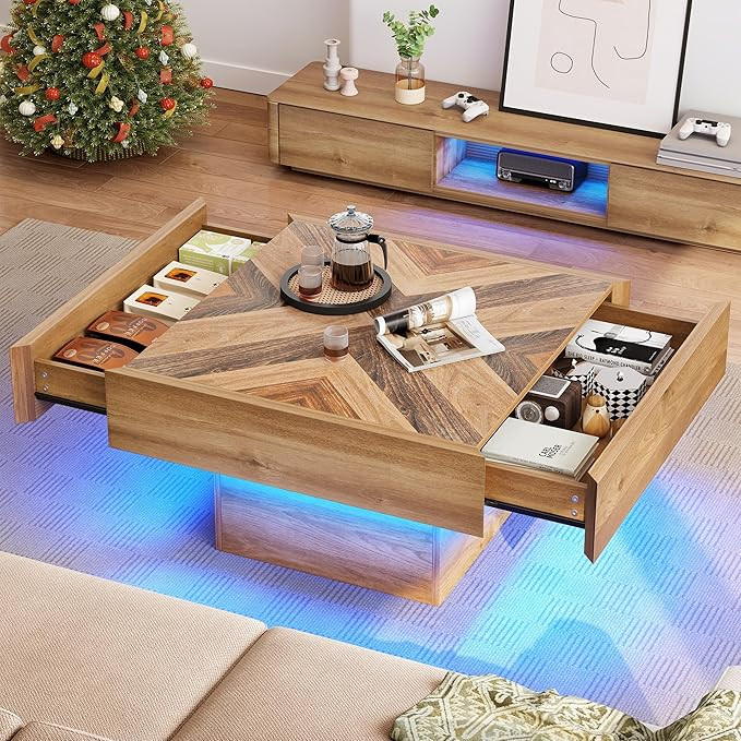 YITAHOME Farmhouse Coffee Tables Square Coffee Table for Living Room Wood LED Coffee Table with S... | Amazon (US)