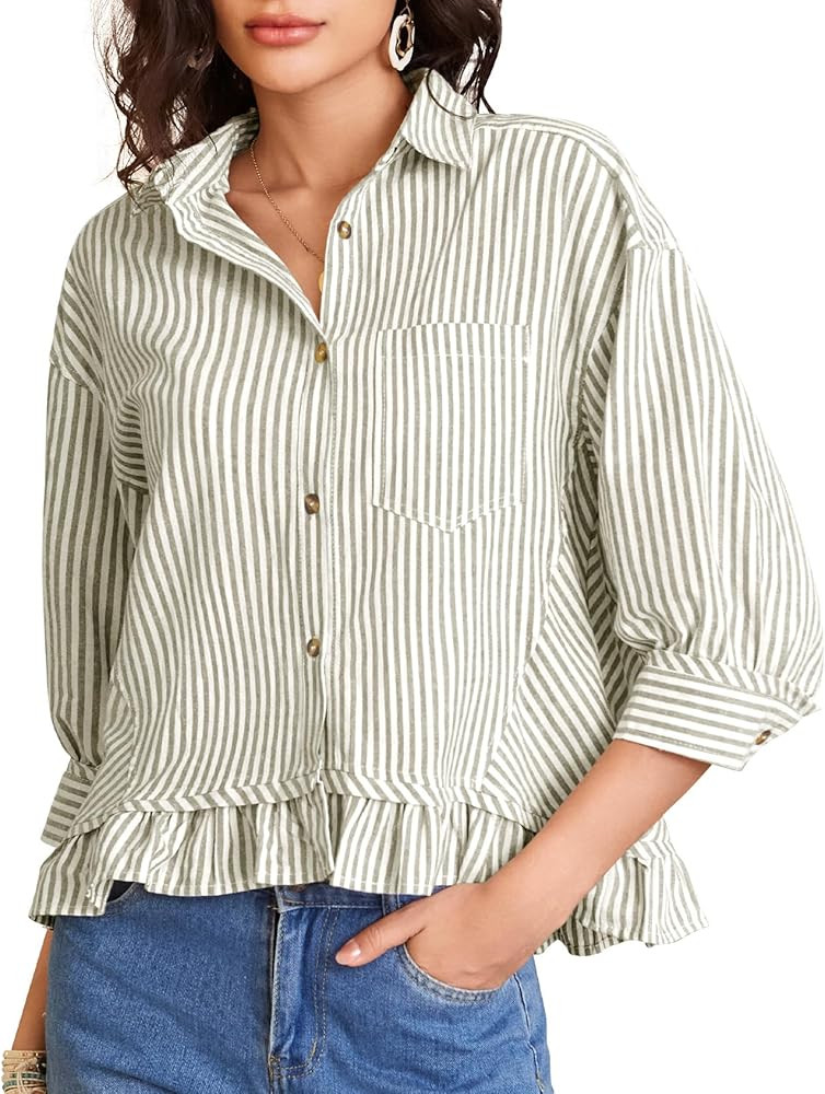 COZYPOIN Womens Striped Button Down Cotton Shirts Cropped Ruffle Hem 3/4 Sleeve Casual Collared B... | Amazon (US)
